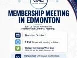 Archived members-only Edmonton dinner and membership meeting notice for October 1, 2026 at 5 p.m., Holiday Inn Express West End.