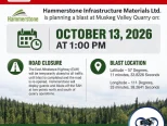 Archived Muskeg Valley Quarry blast notice for October 13, 2026 at 1 p.m., with East Athabasca Highway closure information.